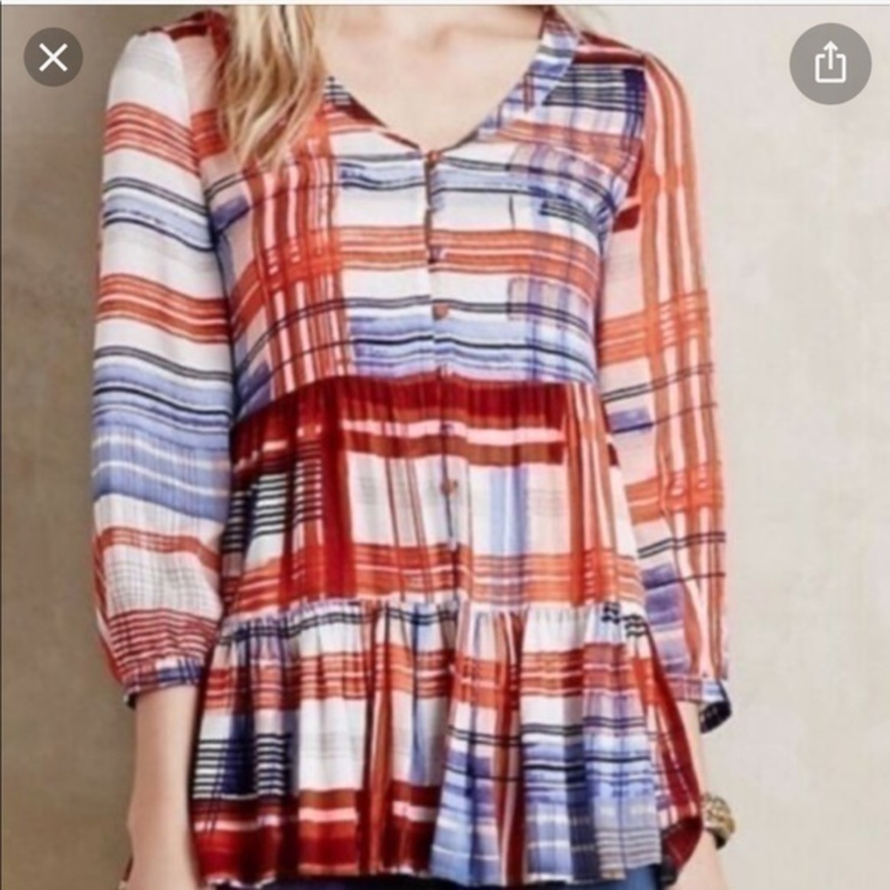 Maeve by Anthropologie plaid  ruffle bottom top tunic medium